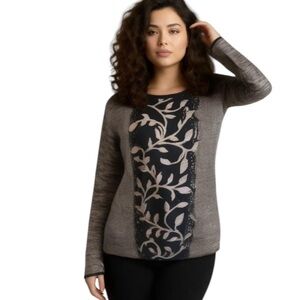 Abito Black with Multi Color Knit Tunic Sweater with Floral Center Desig…